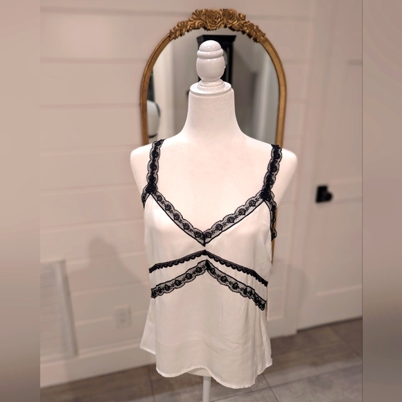 Aqua White Cami with Black Lace Trim, size M - Picture 1 of 6